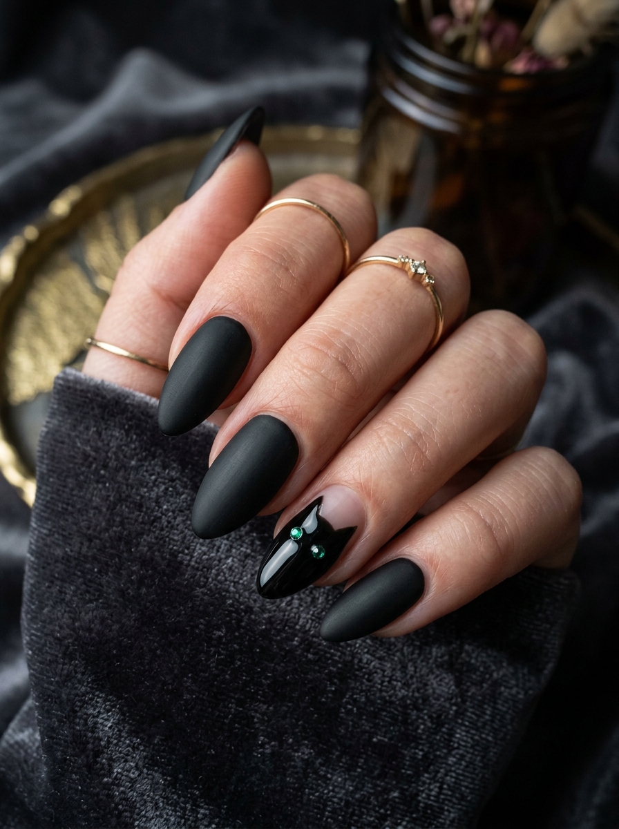 Velvet Matte Black with Emerald Cat Eyes - spooky black cat ghost nail art