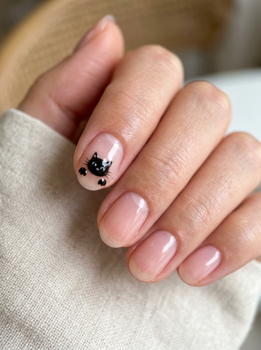 Peeking Black Cat Half-Moon Cutouts - spooky black cat ghost nail art