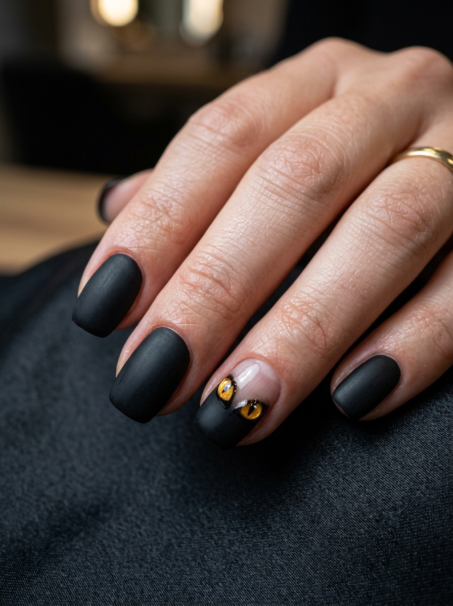 Matte Noir with Amber Cat Eyes in the Shadows - spooky black cat ghost nail art