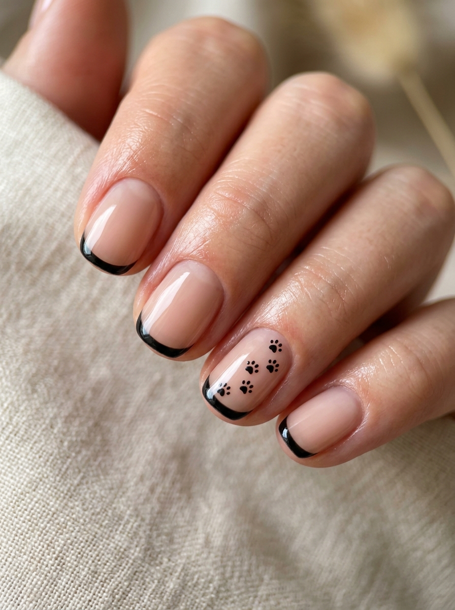 Clean French with Micro Cat Paw Trail - spooky black cat ghost nail art