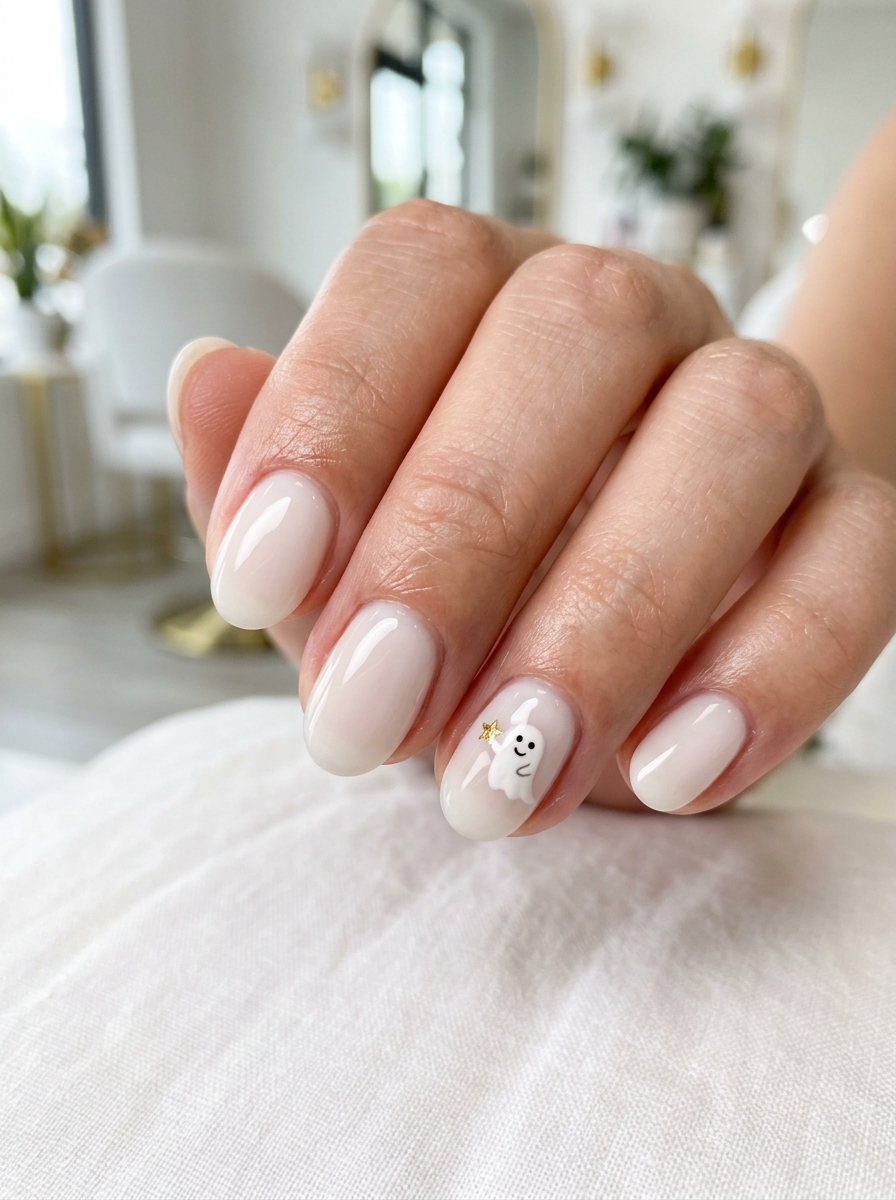 Clean Girl Glazed Milky Nude with Micro Ghost - spooky black cat ghost nail art