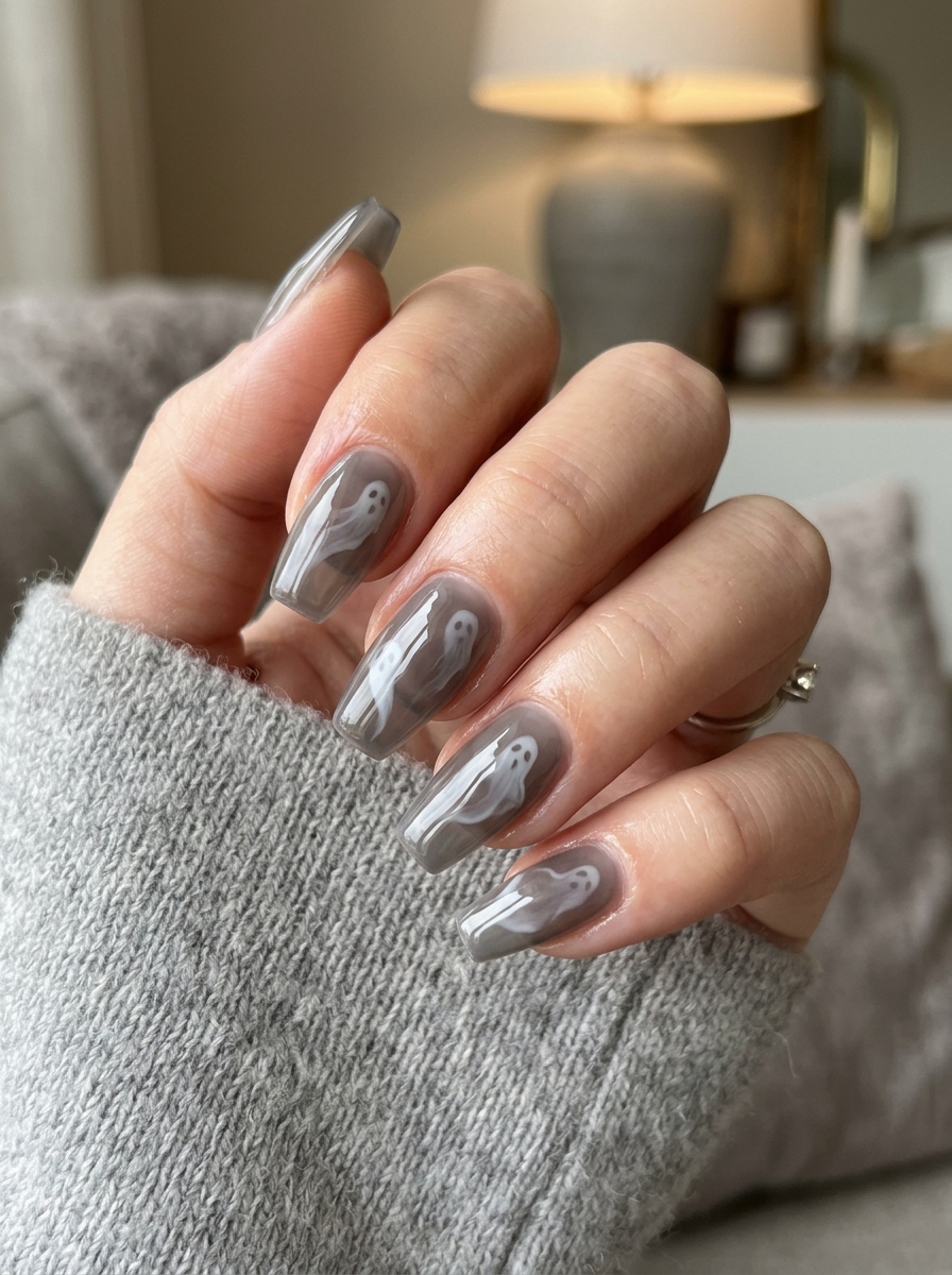 Translucent Smoky Grey Floating Ghost Wisps - spooky black cat ghost nail art
