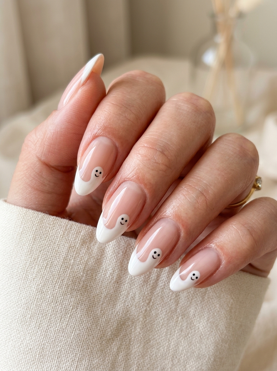 Smiling Sheet Ghost Almond French Tips - spooky black cat ghost nail art