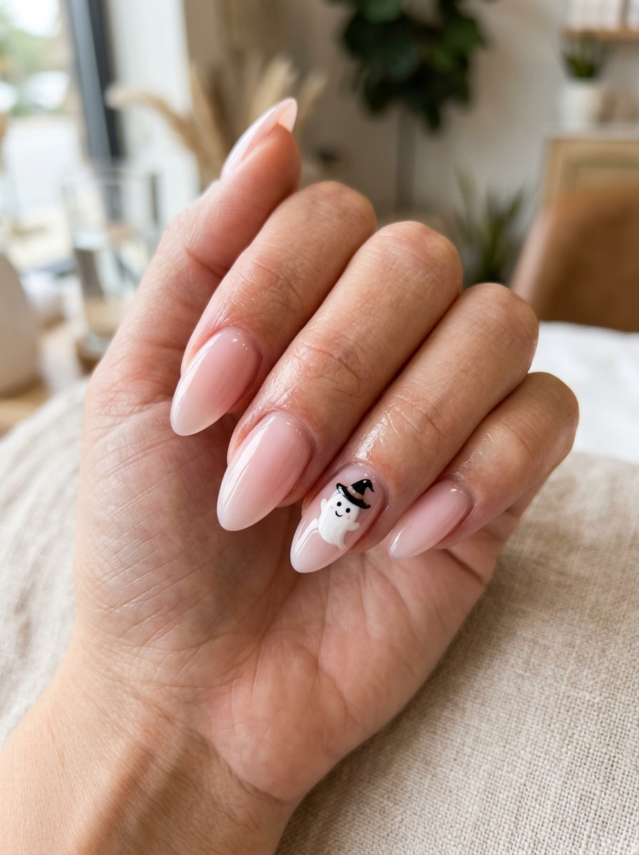 Milky Balletcore Pink with Micro Witch Hat Ghost - spooky black cat ghost nail art