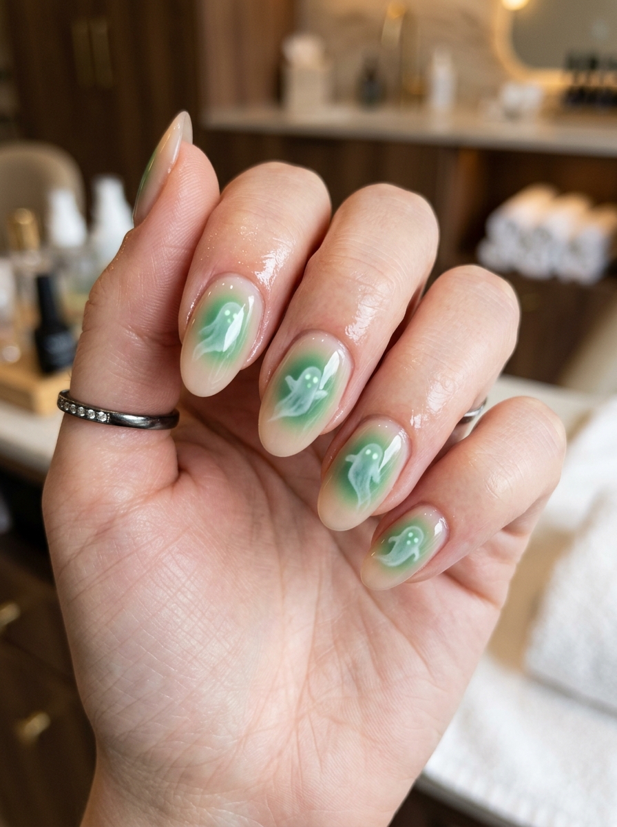 Emerald Green Aura with Floating Phantom Wisp - spooky black cat ghost nail art