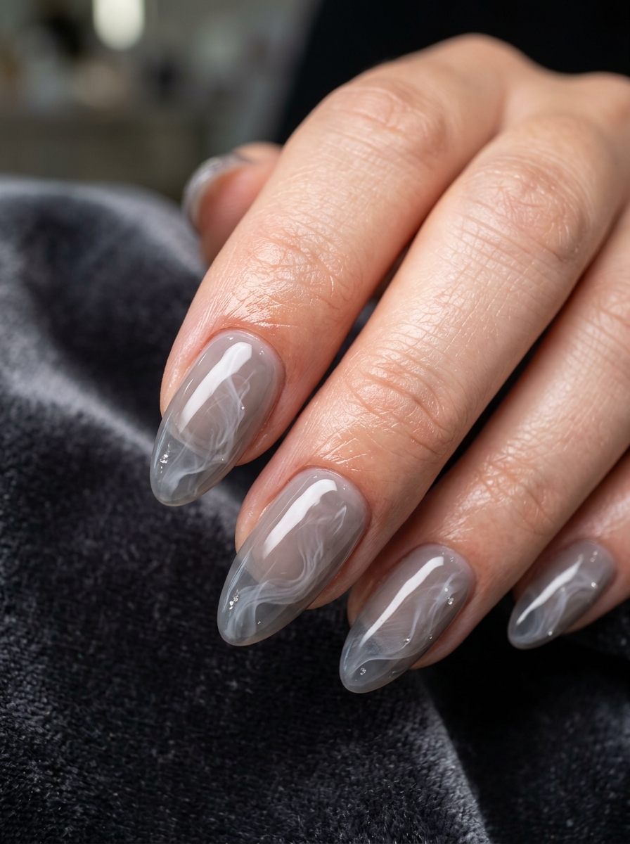 Translucent Smoke Crystal with Wispy Phantoms - spooky black cat ghost nail art
