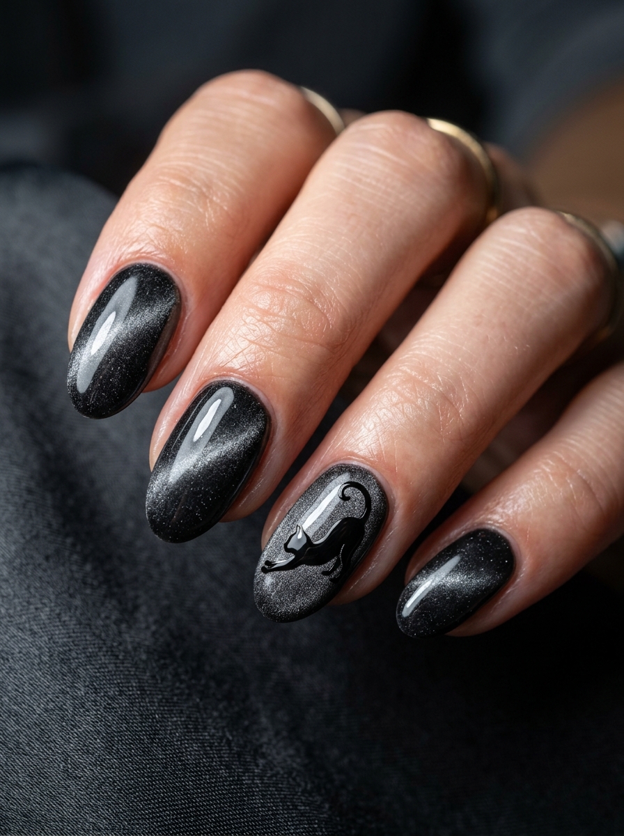 Charcoal Velvet Cat-Eye with Stretching Silhouette - spooky black cat ghost nail art