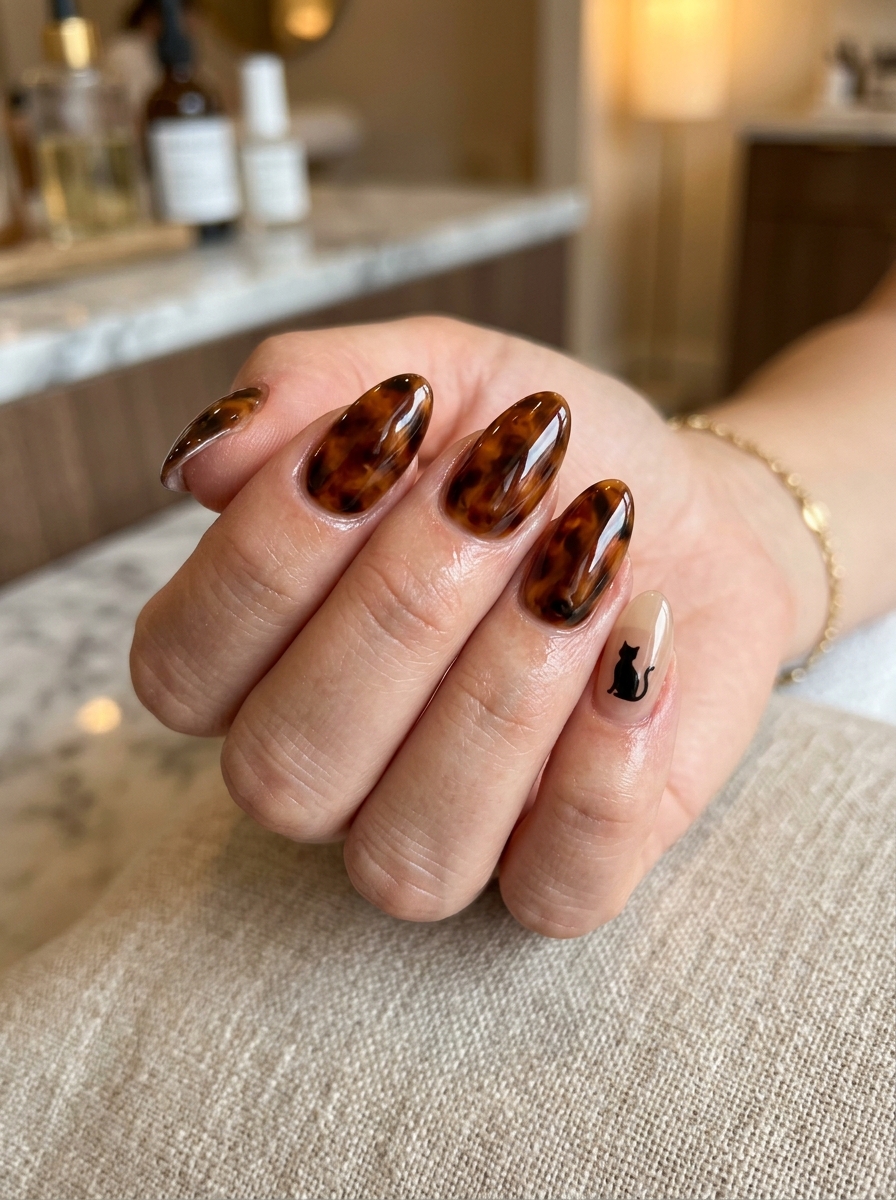 Glassy Amber Tortoiseshell with Black Cat Accent - spooky black cat ghost nail art