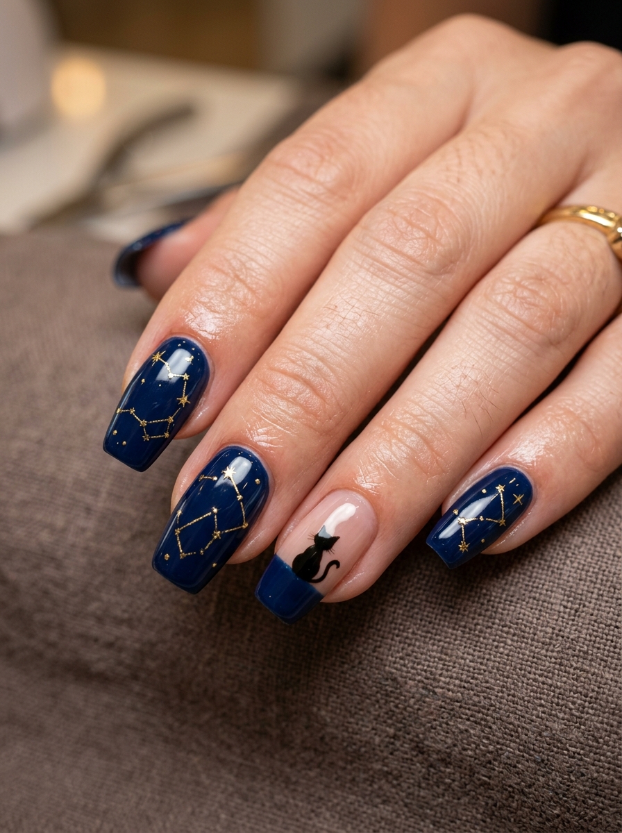 Midnight Navy Star Constellations with Stargazing Cat - spooky black cat ghost nail art