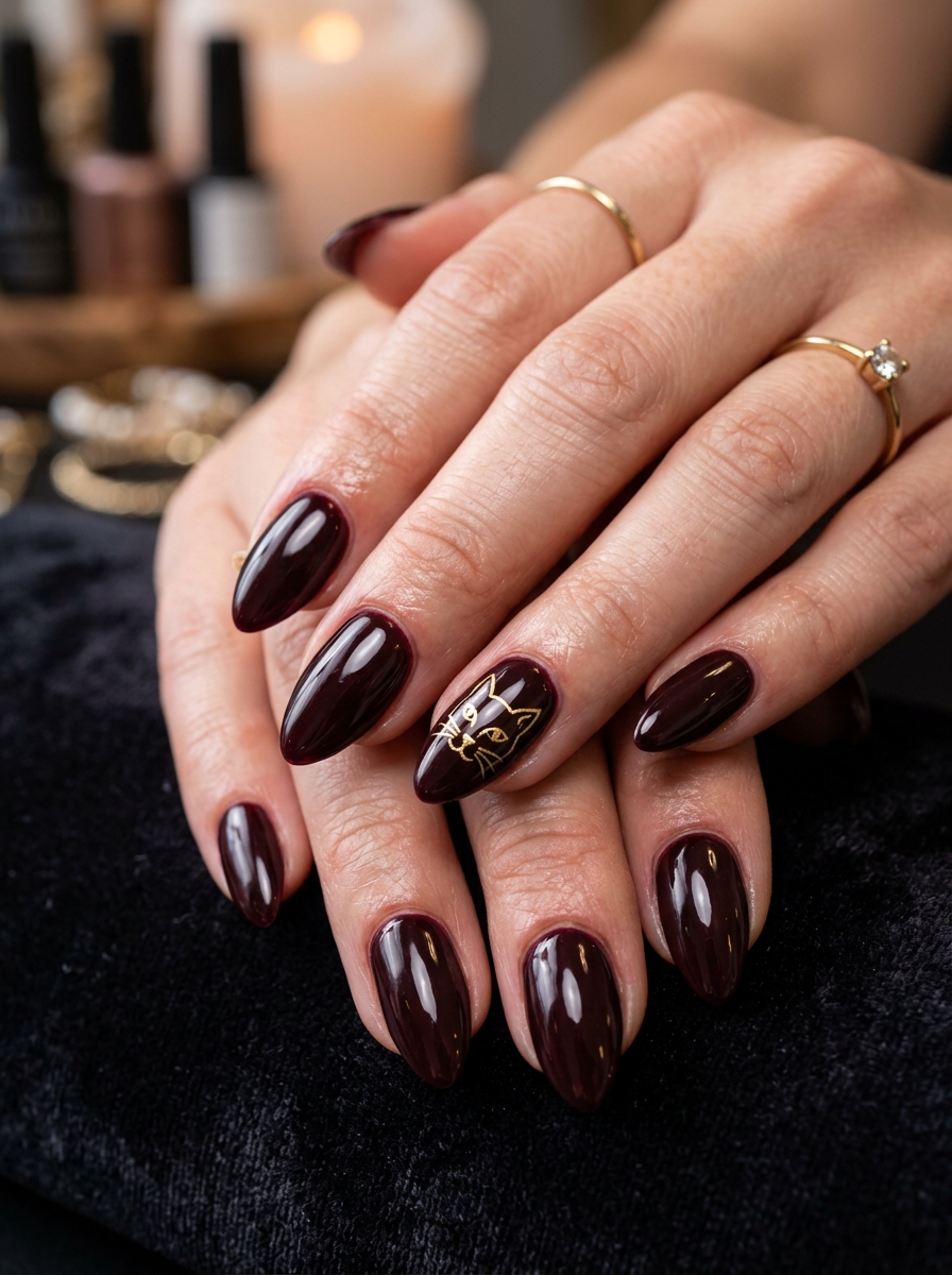 Black Cherry Wine Glaze with Fine Gold Line Cat - spooky black cat ghost nail art