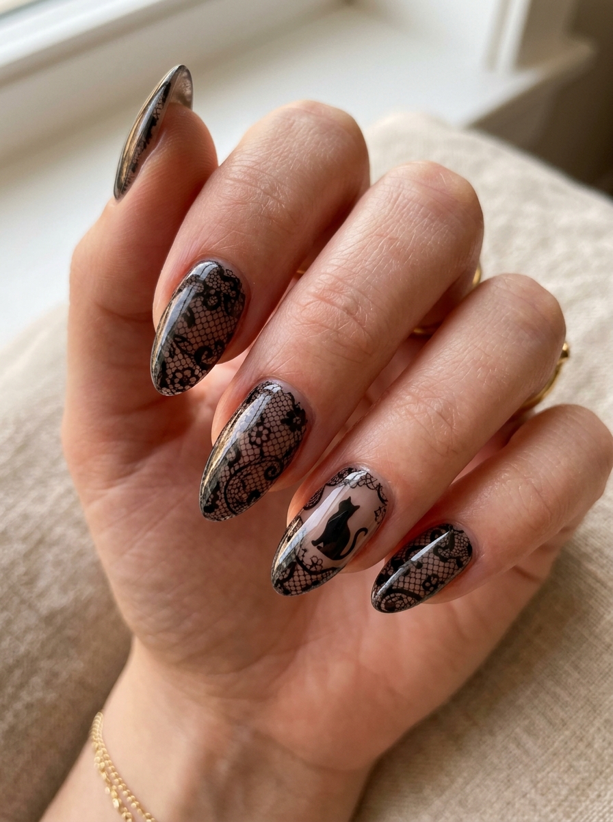 Translucent Black Stocking Veil with Noir Feline - spooky black cat ghost nail art