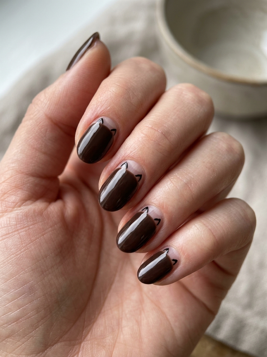 Rich Espresso Brown with Cat Ear Cuticle Half-Moons - spooky black cat ghost nail art