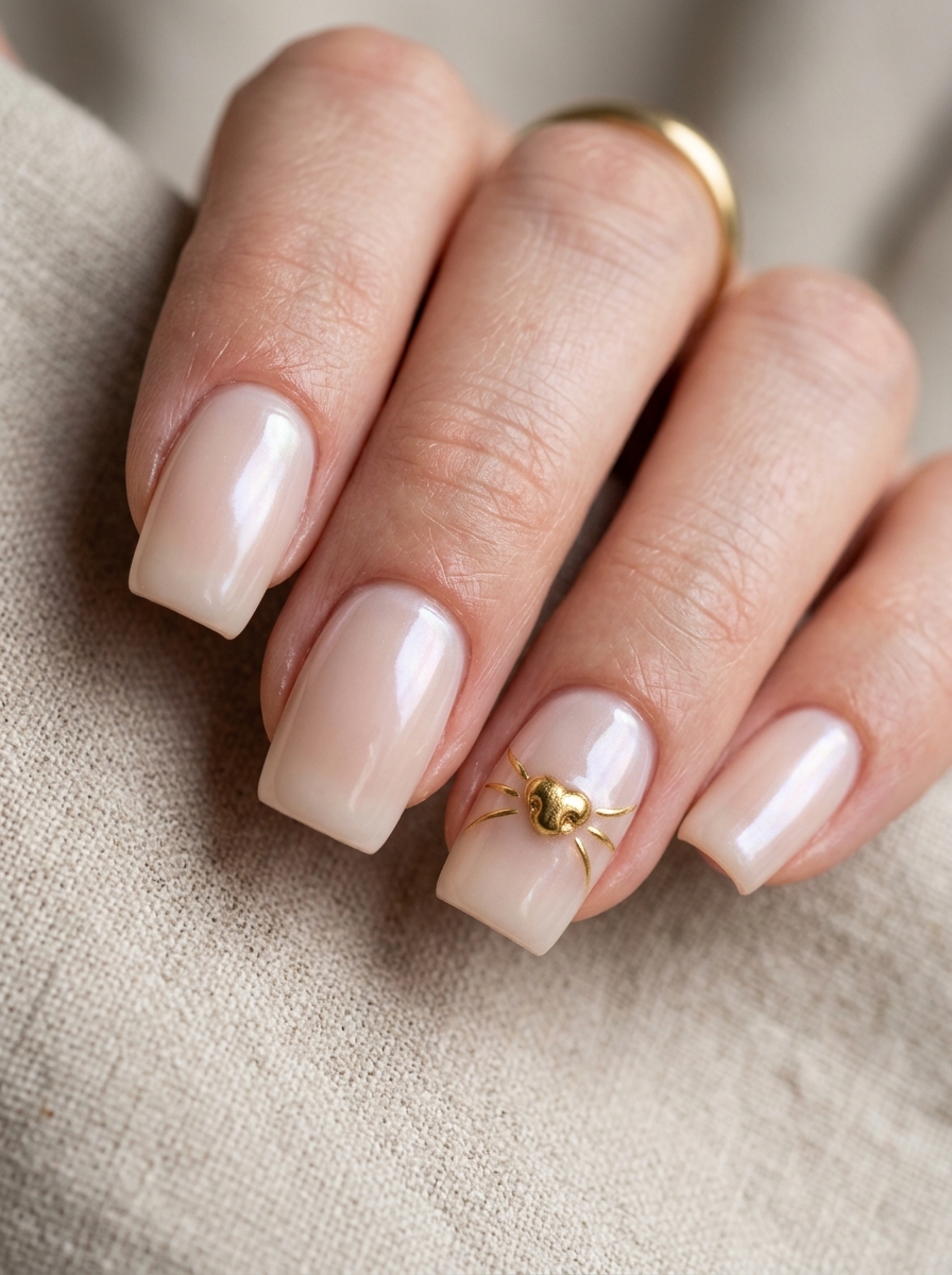 Milky Nude Glaze with 3D Molten Gold Cat Whiskers - spooky black cat ghost nail art