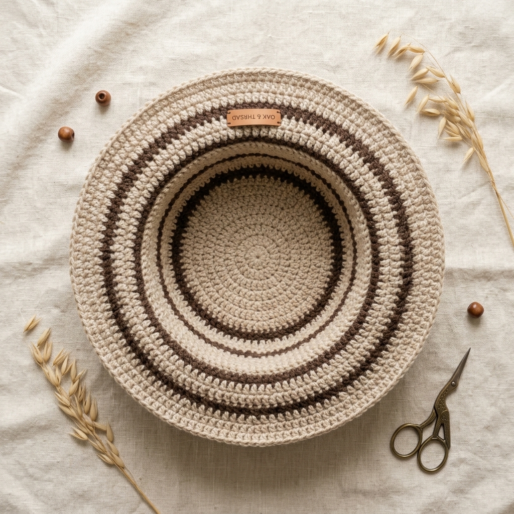 Overhead flat lay of sage green crochet bucket hat on linen background