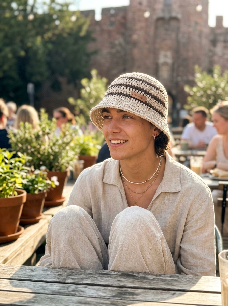 Person wearing stylish handmade crochet bucket hat outdoors