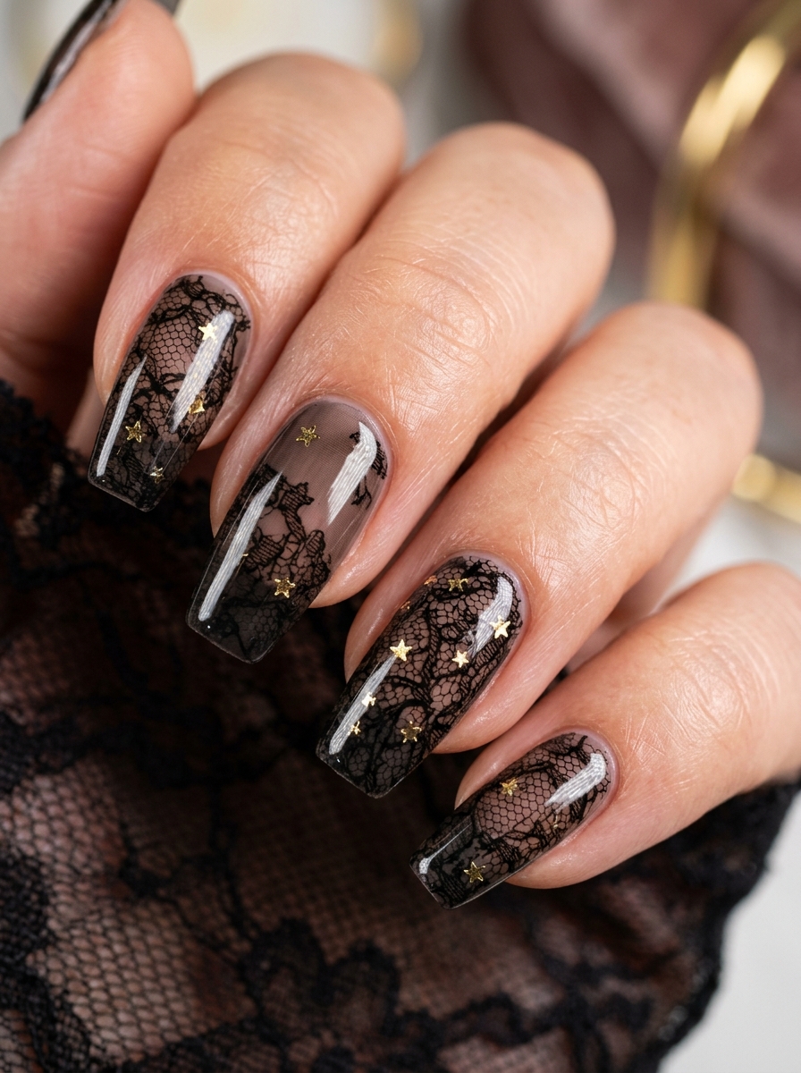 Translucent Black Veil Lace with Micro Gold Stars - chic classy Halloween nail art
