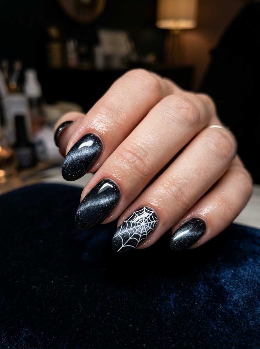 Midnight Obsidian Velvet Cat-Eye with Micro Web - chic classy Halloween nail art
