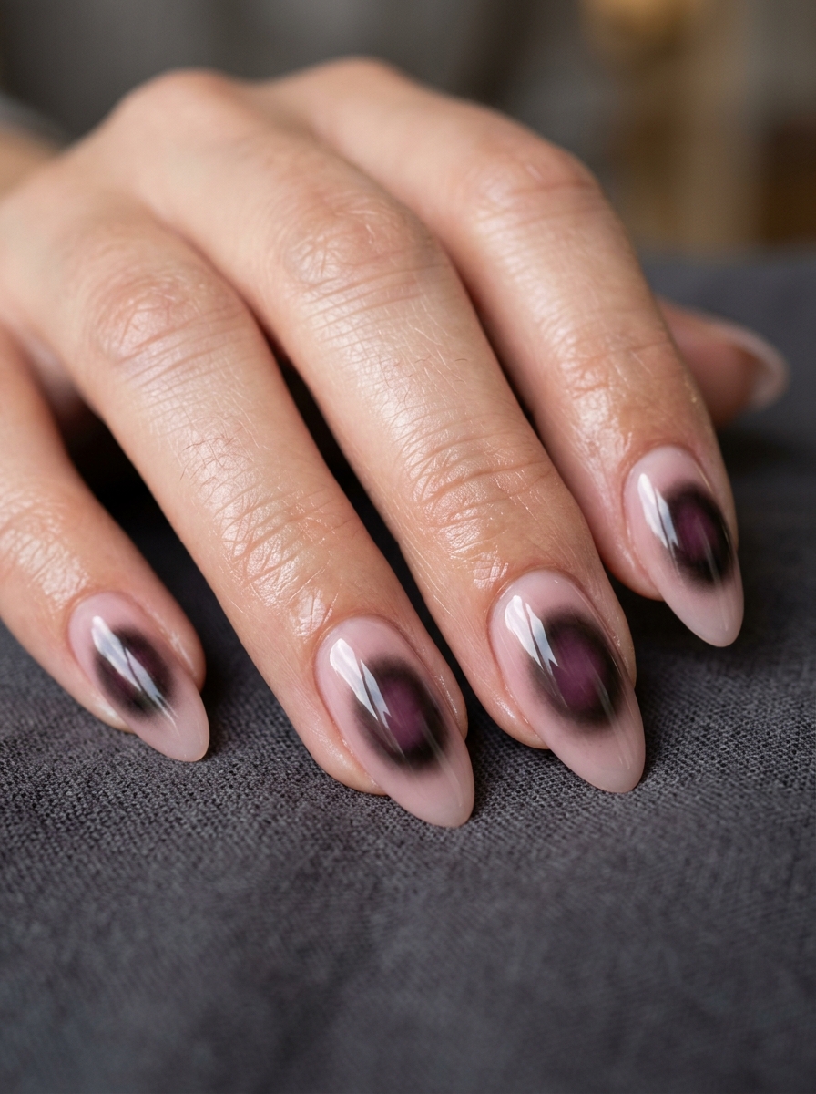 Smoky Plum & Obsidian Vampire Aura - chic classy Halloween nail art