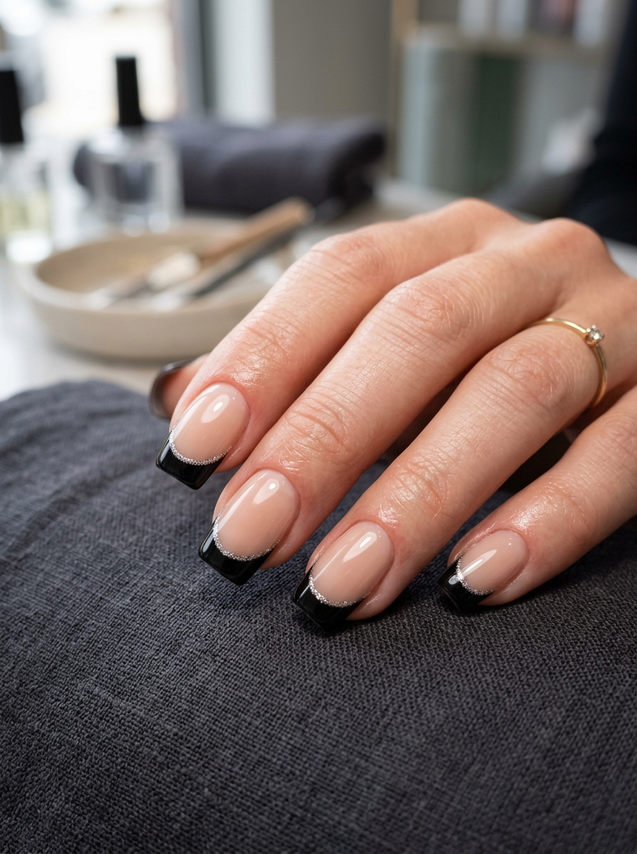 Obsidian French with Micro Silver Glitter Trim - chic classy Halloween nail art