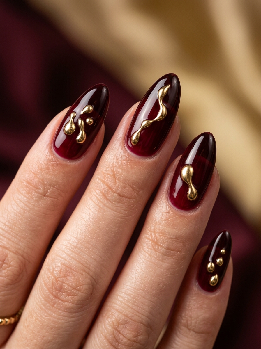 Rich Black Cherry with 3D Molten Gold Drops - chic classy Halloween nail art
