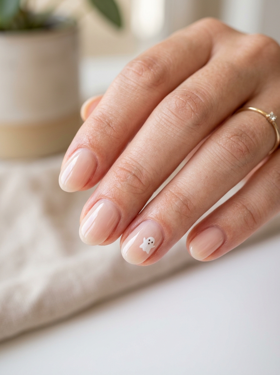 Clean Girl Glazed Milky Nude with Micro Ghost - chic classy Halloween nail art