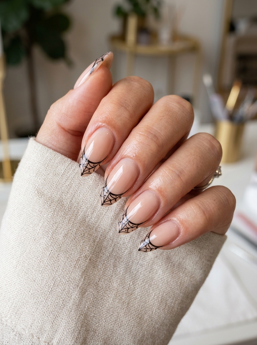 Ultra-Fine Spiderweb Almond French Tips - chic classy Halloween nail art