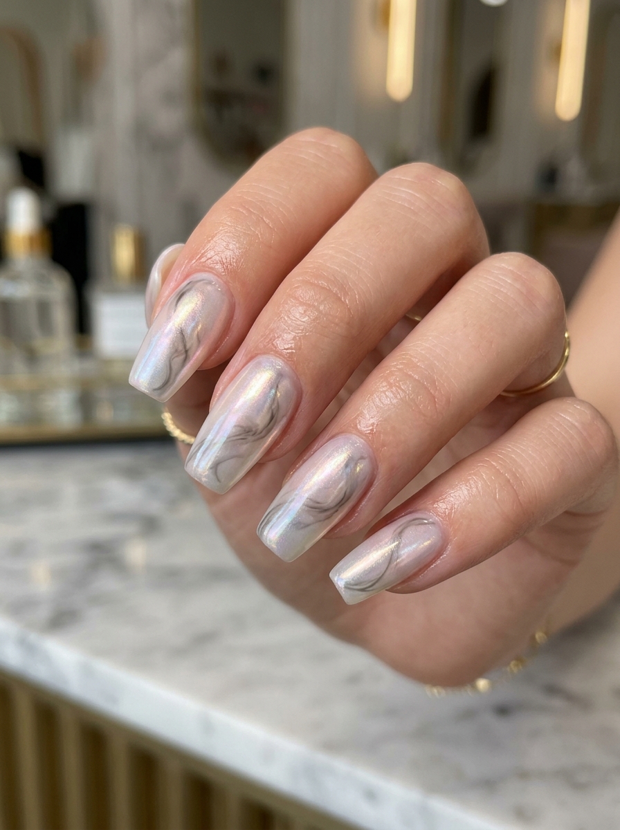 Ethereal Pearl Glaze with Wispy Smoke Swirls - chic classy Halloween nail art