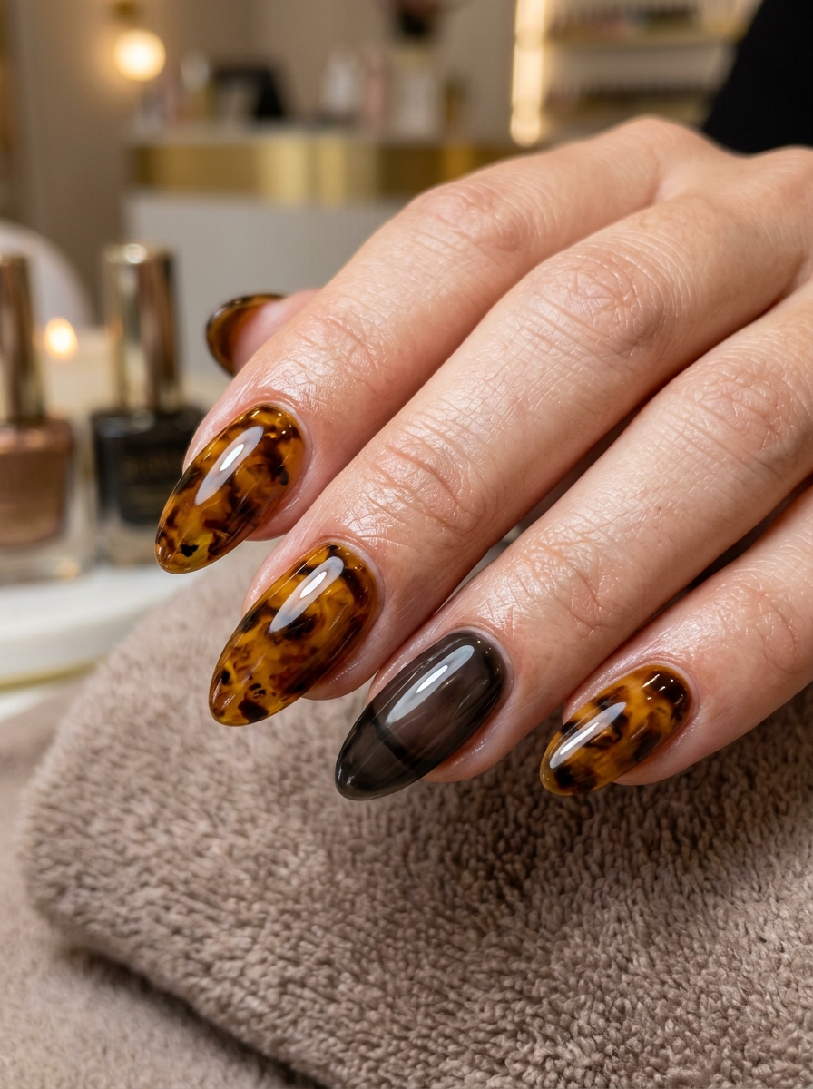 Glassy Amber Tortoiseshell with Noir Accent - chic classy Halloween nail art
