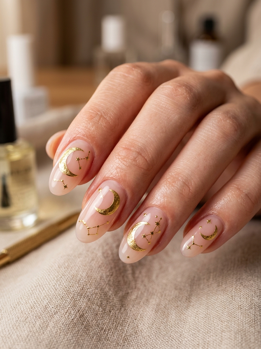 Milky Blush Base with Celestial Gold Foil Moons - chic classy Halloween nail art