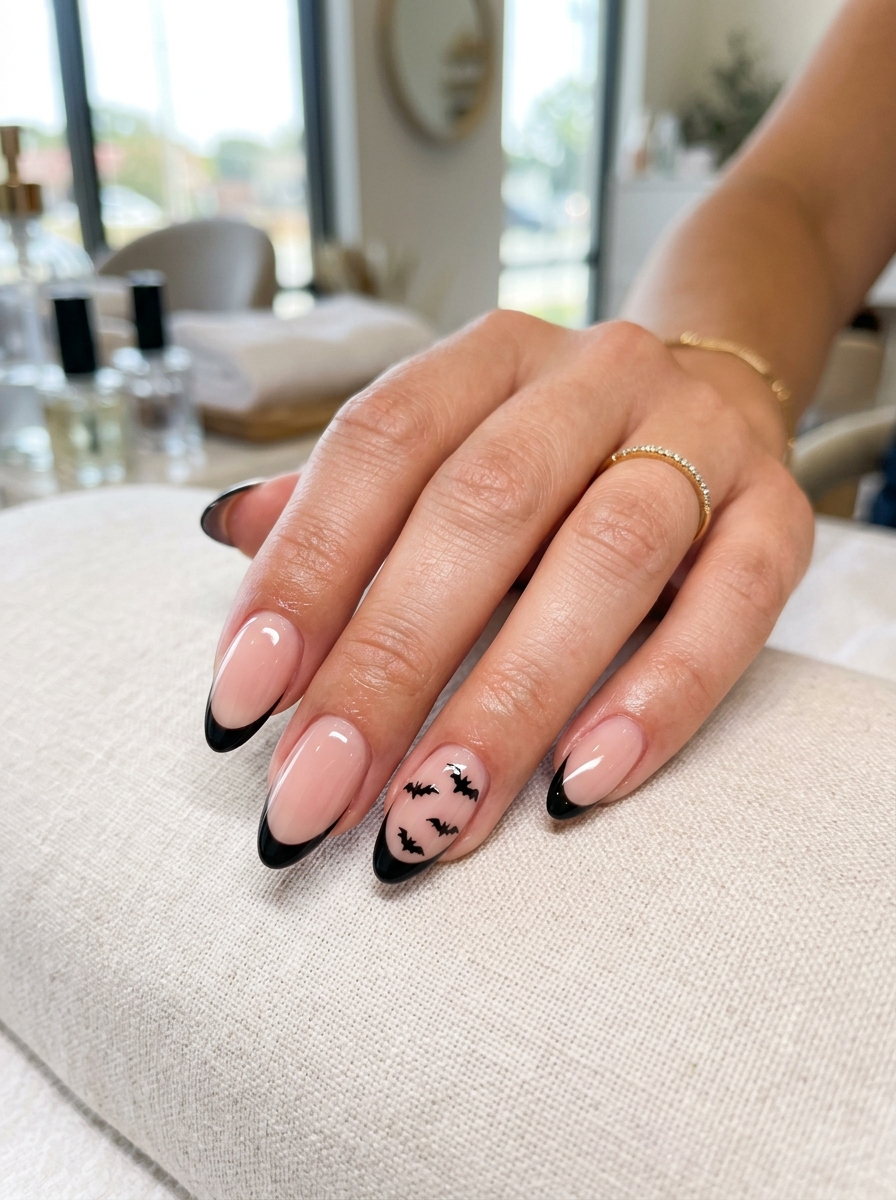 Minimalist Micro Bat French Almonds - chic classy Halloween nail art