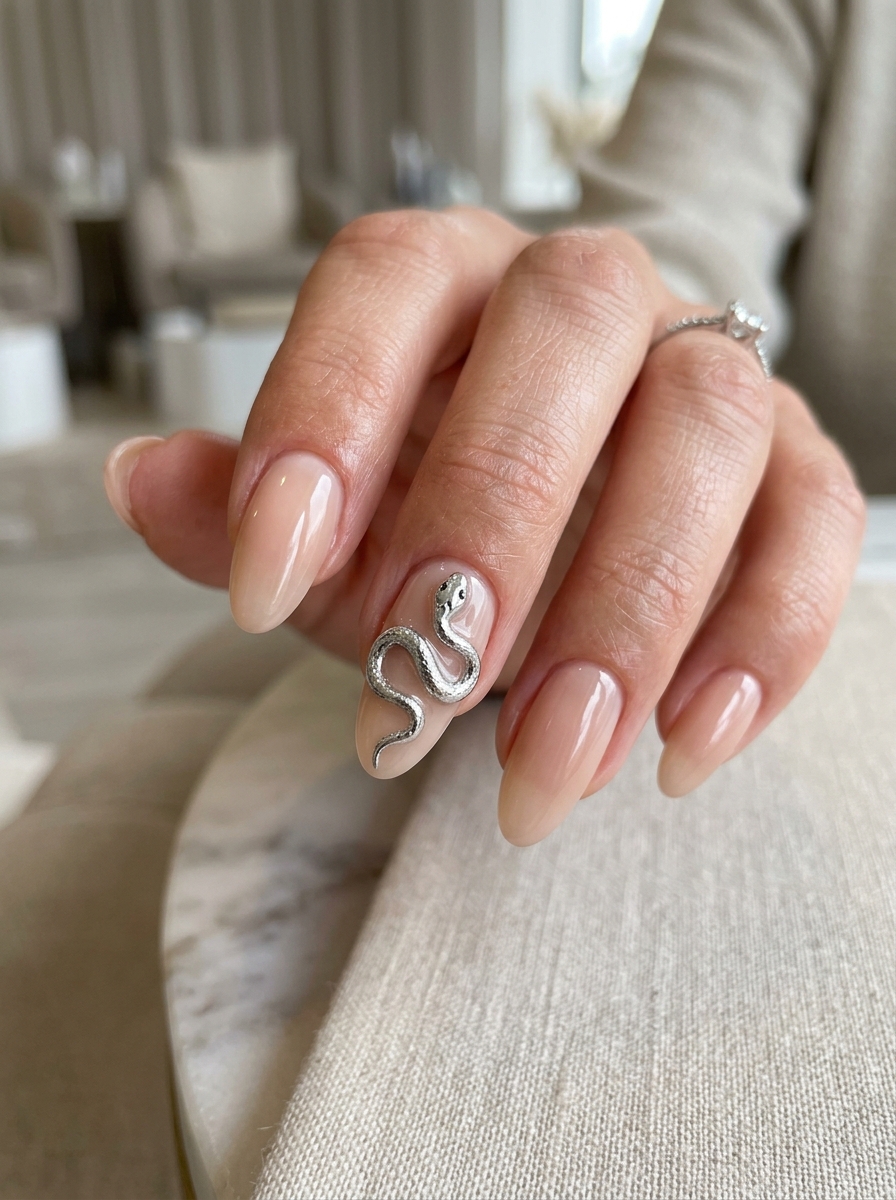 Liquid Chrome Silver Serpent on Sheer Nude - chic classy Halloween nail art