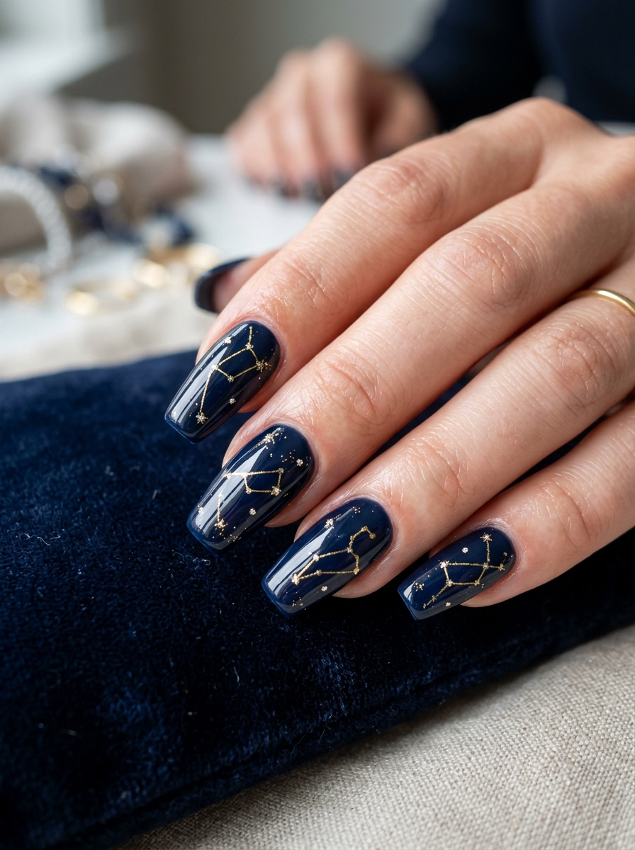 Midnight Navy Starry Skies with Fine Constellations - chic classy Halloween nail art