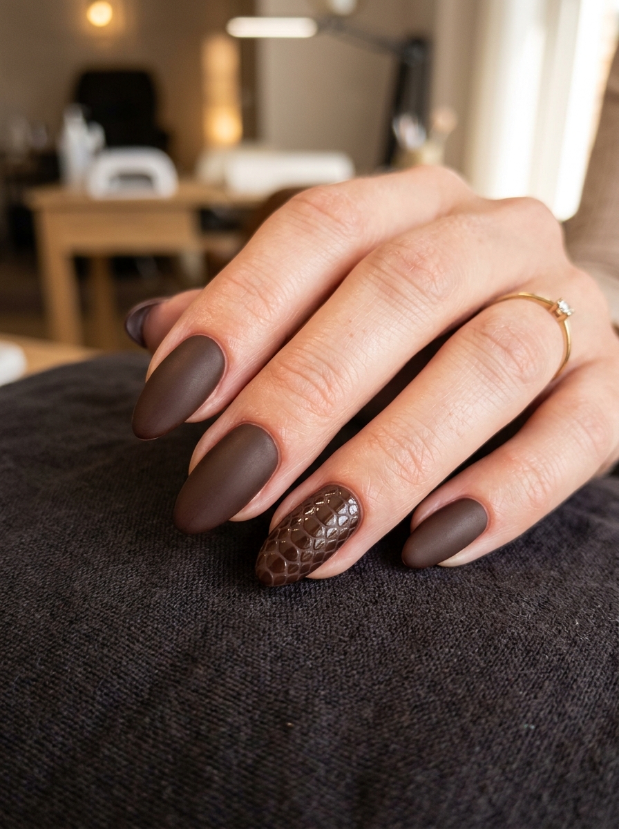 Matte Espresso Brown with Embossed Snakeskin - chic classy Halloween nail art