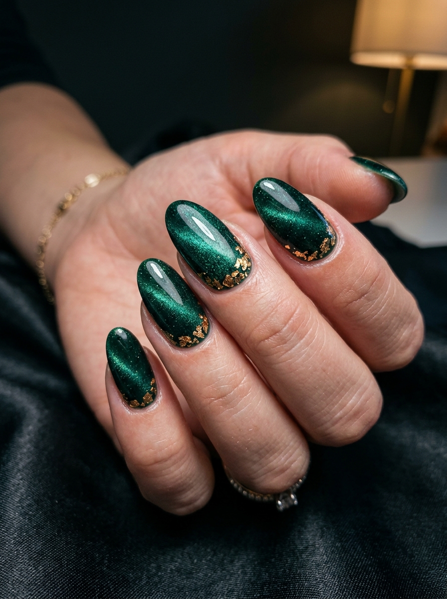 Deep Emerald Gothic Velvet with Antique Bronze Leaf - chic classy Halloween nail art