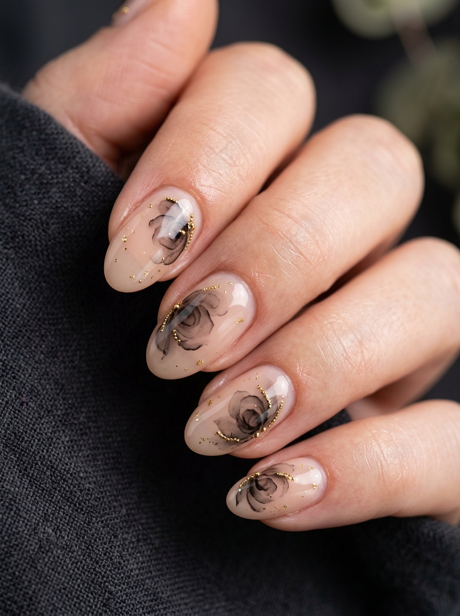 Midnight Gothic Watercolor Roses with Micro Gold Beads - chic classy Halloween nail art