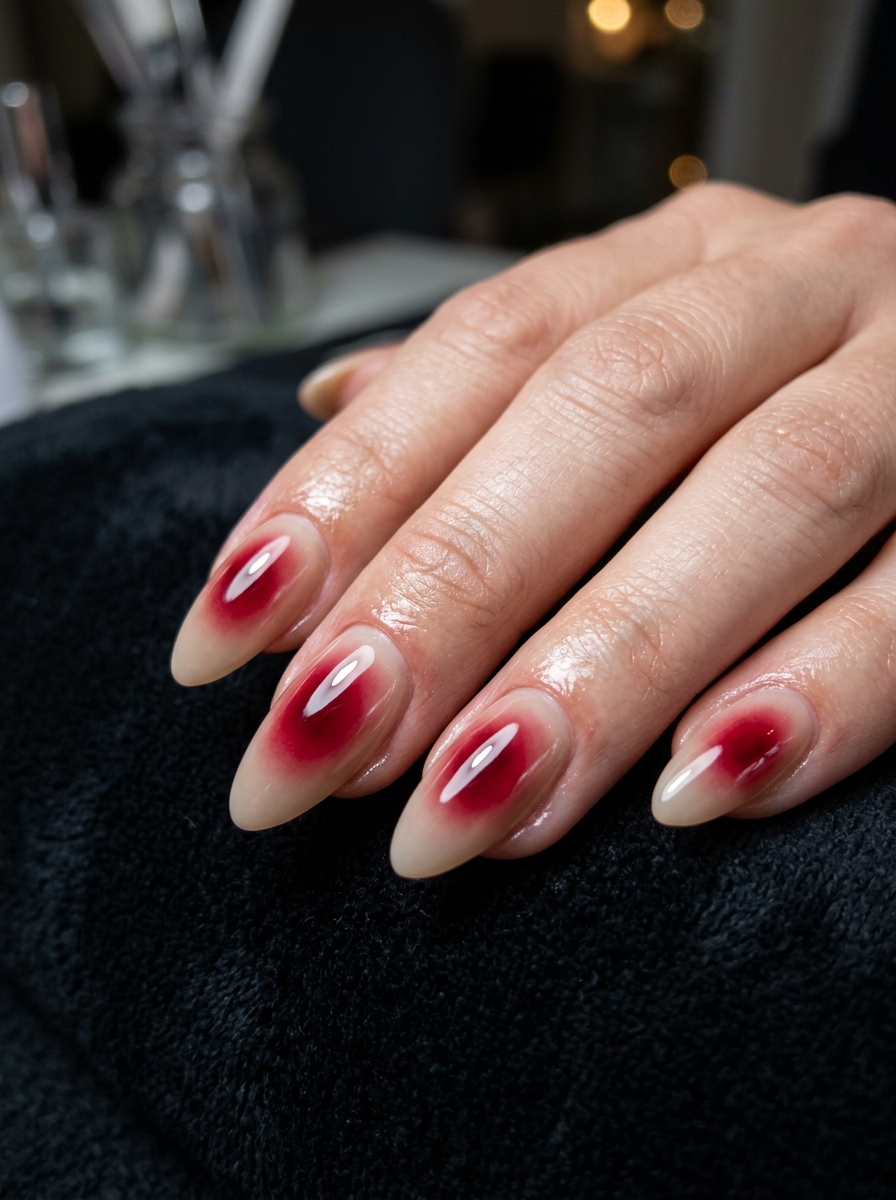 Glowing Ruby Vampire Aura on Milky Nude - chic classy Halloween nail art