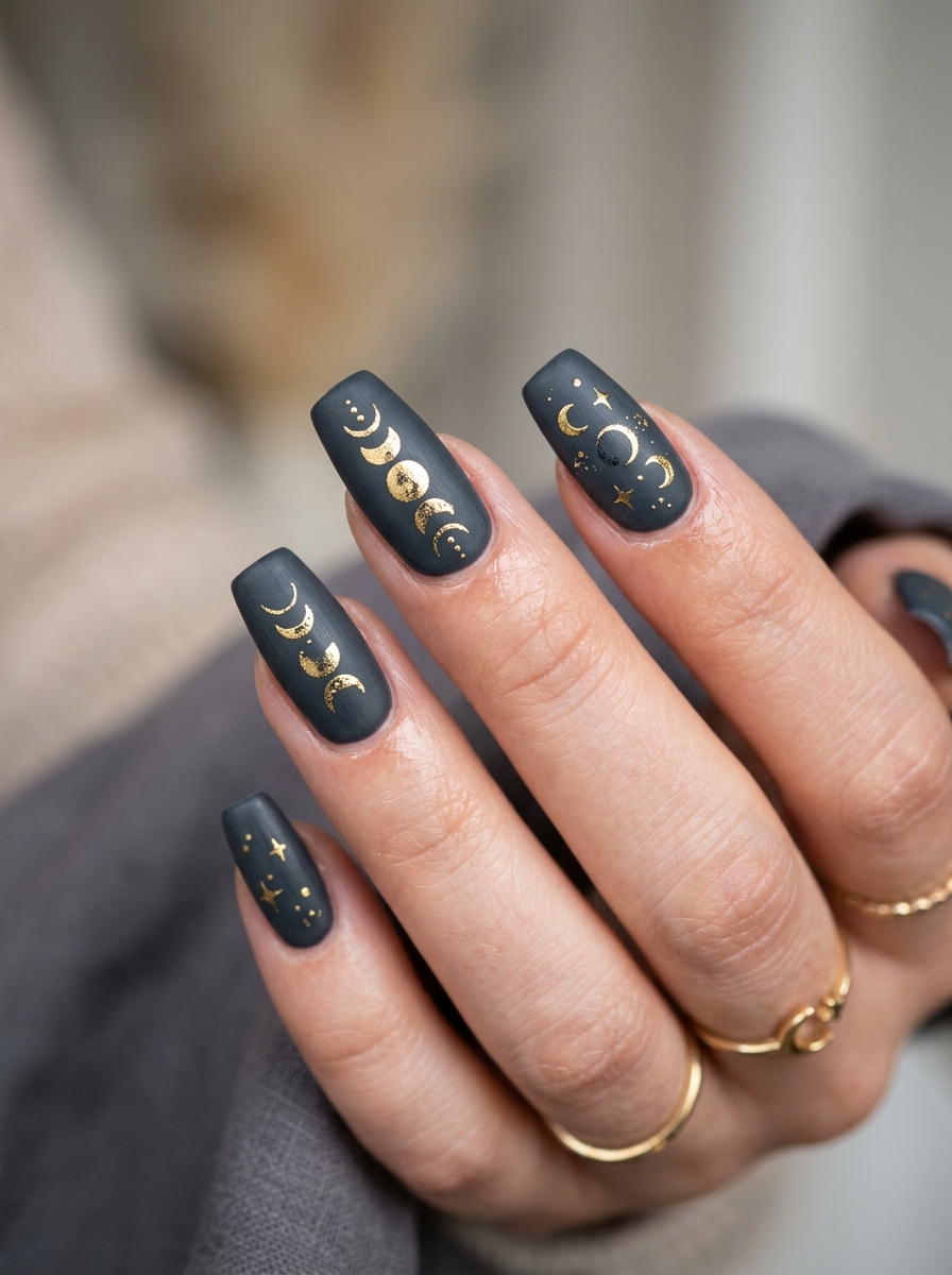 Slate Charcoal Matte with Gold Moon Phase Art - chic classy Halloween nail art