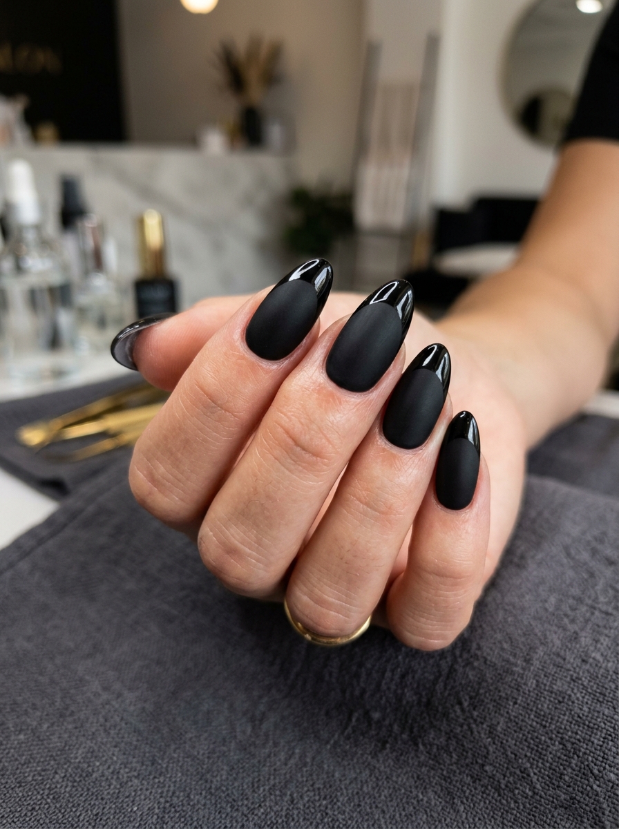 Velvety Matte Black with High-Gloss Patent Tips - chic classy Halloween nail art
