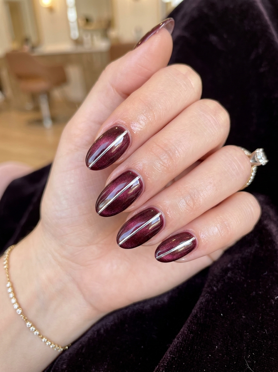 Burgundy Velvet Magnetic with Sleek Silver Chrome Line - chic classy Halloween nail art