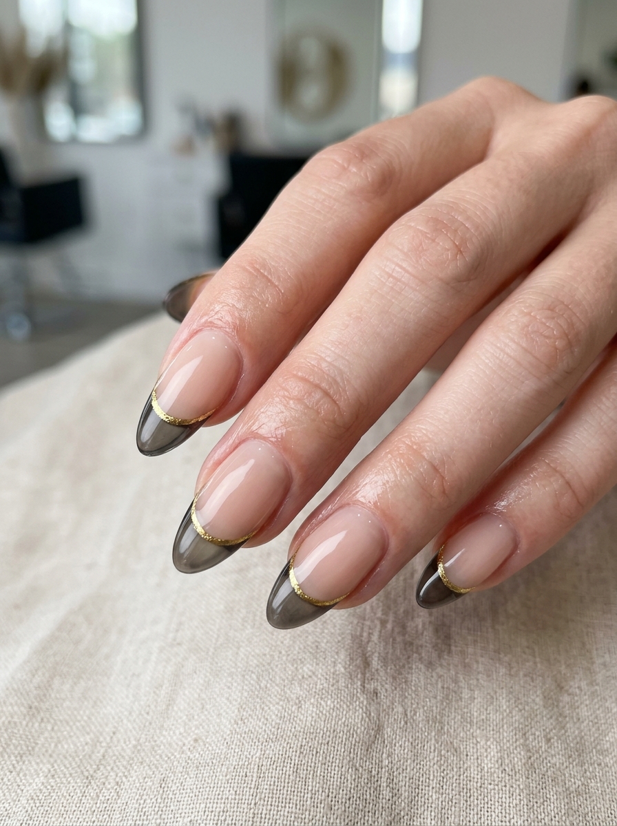 Translucent Smoked Glass French with Gilded Rim - chic classy Halloween nail art