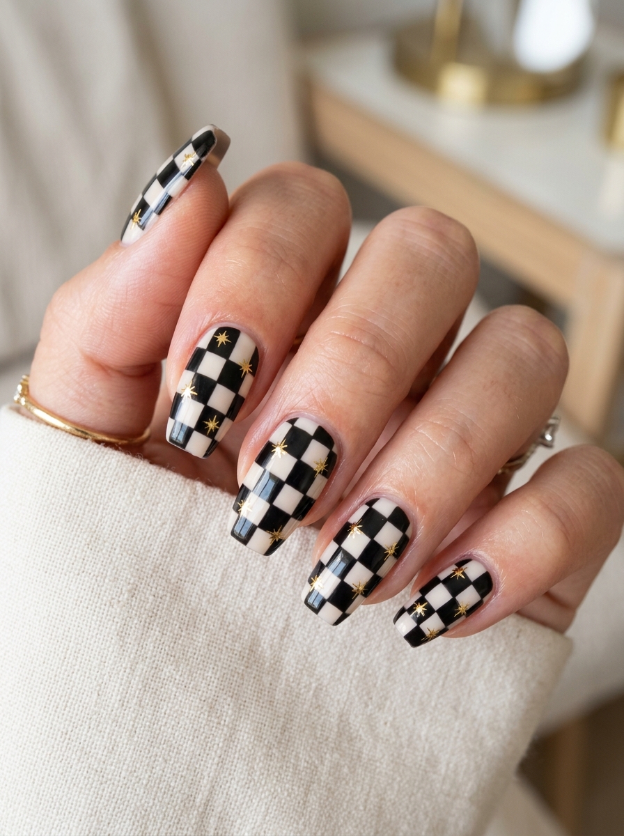 Moody Celestial Checkerboard with Gold Starbursts - chic classy Halloween nail art