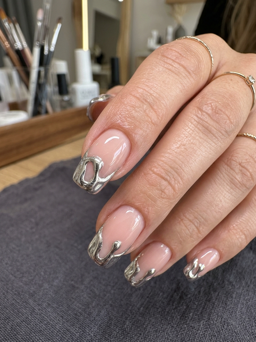 Bare Nude with 3D Molten Mercury Liquid Drips - chic classy Halloween nail art