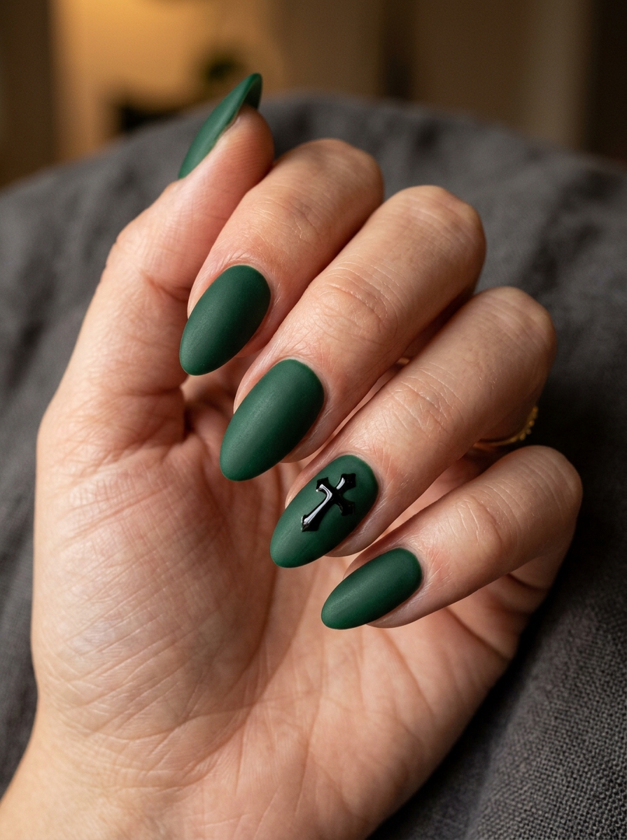 Matte Forest Green with Glossy Gothic Cross Accent - chic classy Halloween nail art