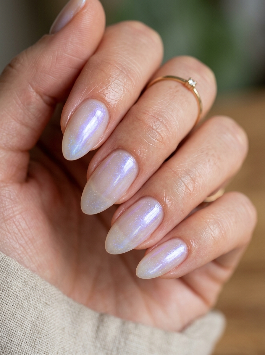 Ethereal Pearl Moonstone Shimmer Almonds - chic classy Halloween nail art