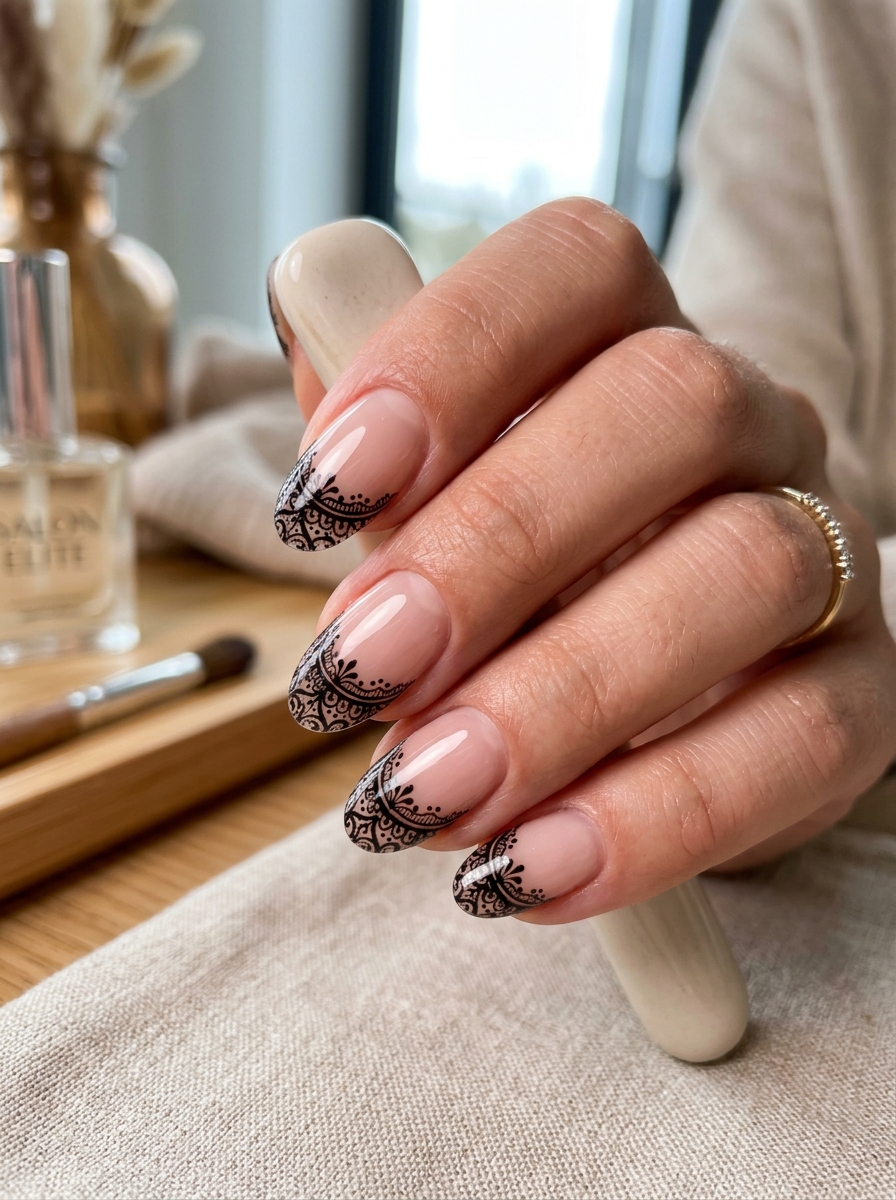 Nude Base with Intricate Black Lace Cuticle Cuffs - chic classy Halloween nail art