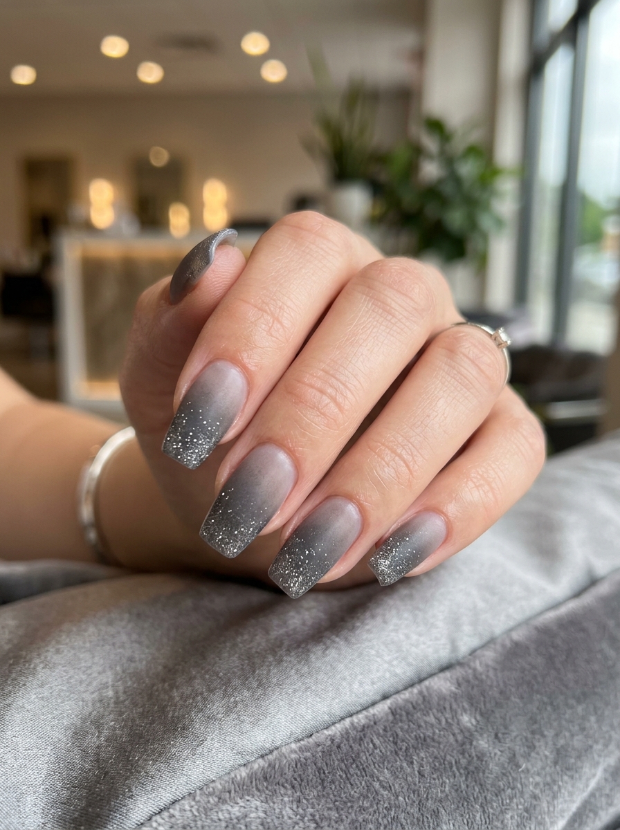 Frosted Charcoal Ombre with Silver Stardust Tips - chic classy Halloween nail art