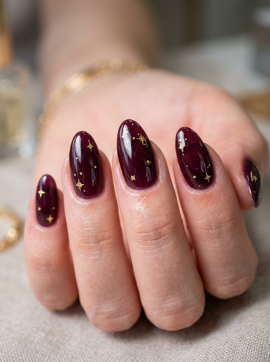 Ultra-Glossy Blackberry Jelly with 24k Star Sparkles - chic classy Halloween nail art