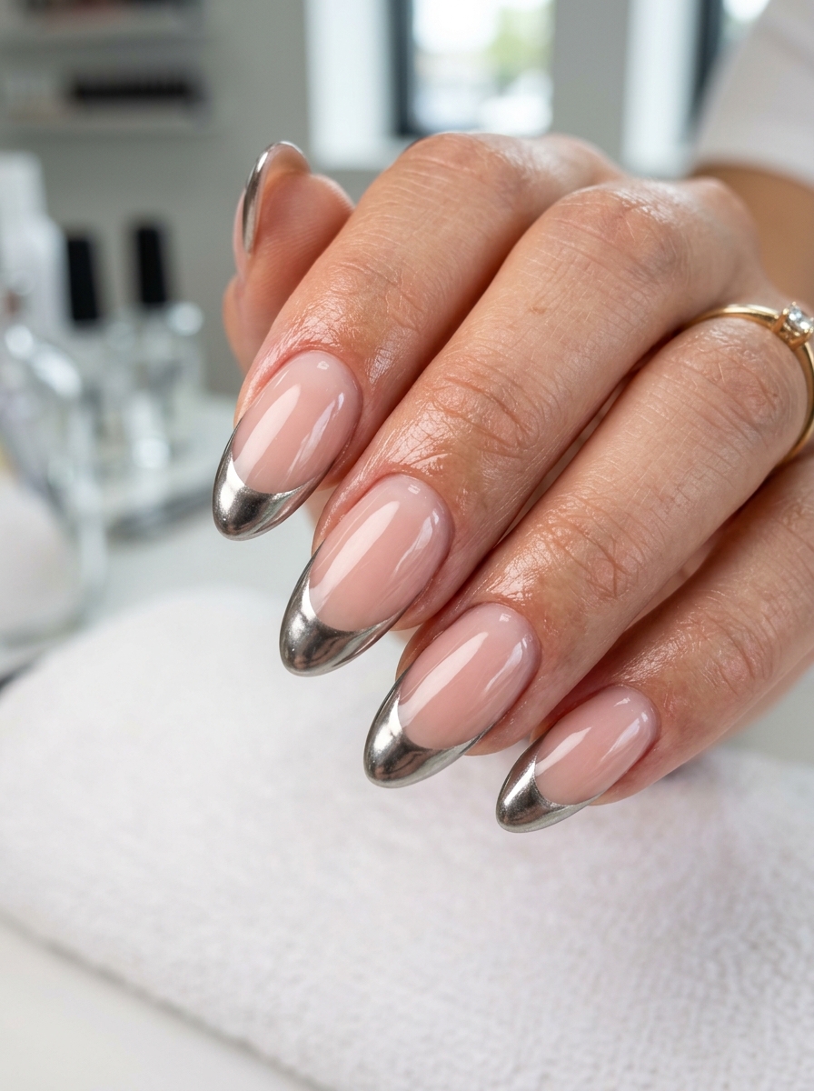 Antique Mirror Liquid Silver Chrome French Tips - chic classy Halloween nail art