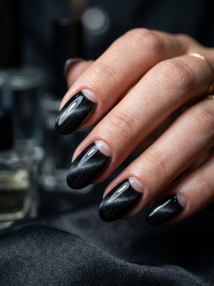 Velvet Black Cat-Eye with Glossy Half-Moon Cutouts - chic classy Halloween nail art