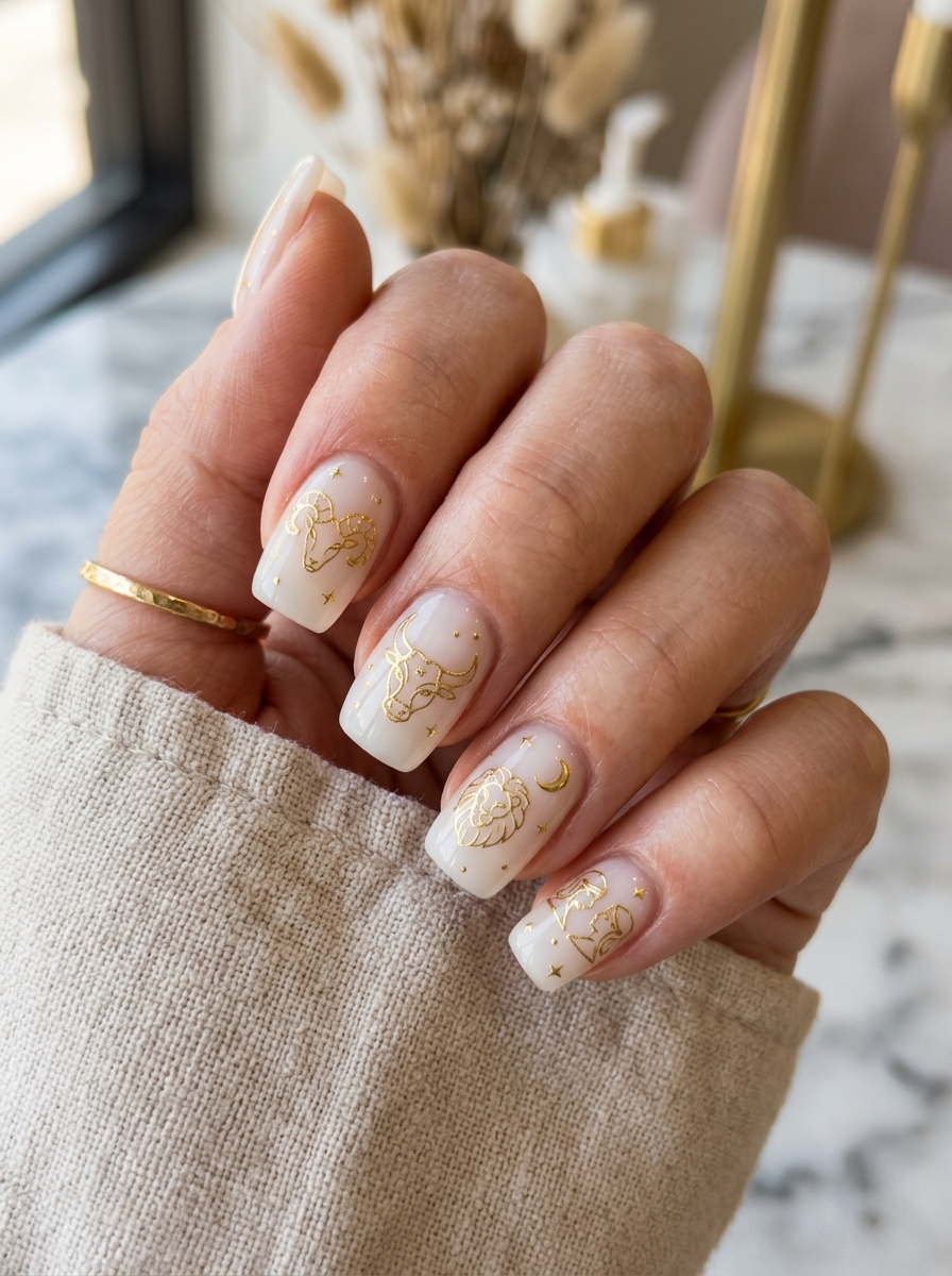 Milky Glass Canvas with Delicate Gold Celestial Zodiacs - chic classy Halloween nail art